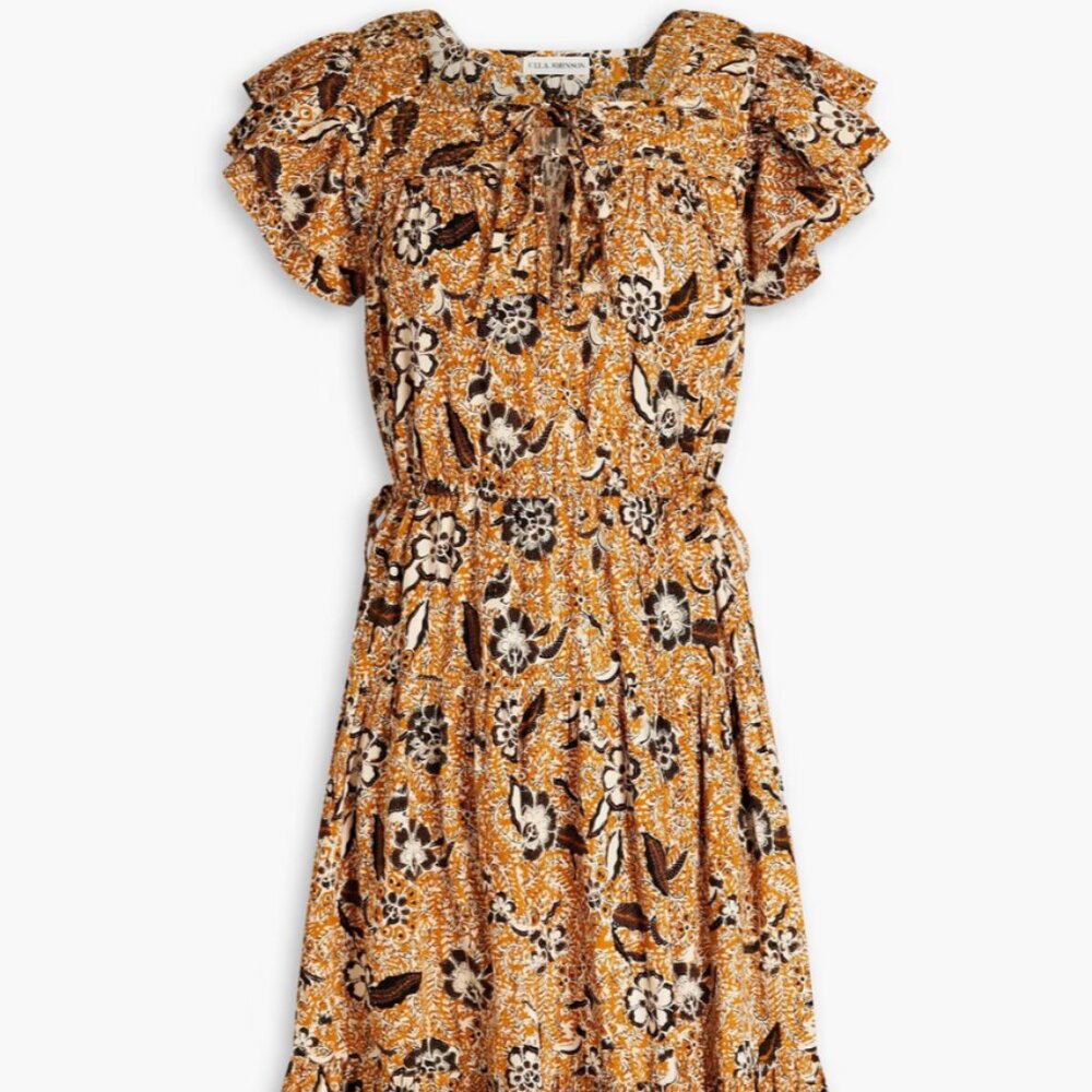 ULLA JOHNSON Amber gathered floral-print cotton-blend midi dress SIZE 4